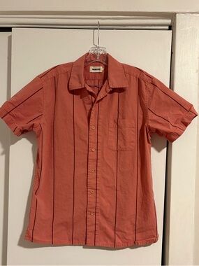 Taylor Stitch Coral Short-Sleeve Button-Down with Maroon Stripes
